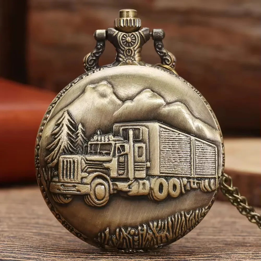 Antique Style Retro Pendant Necklace Chain Clock Bronze Truck Vintage Steampunk Quartz Pocket Watch For Men