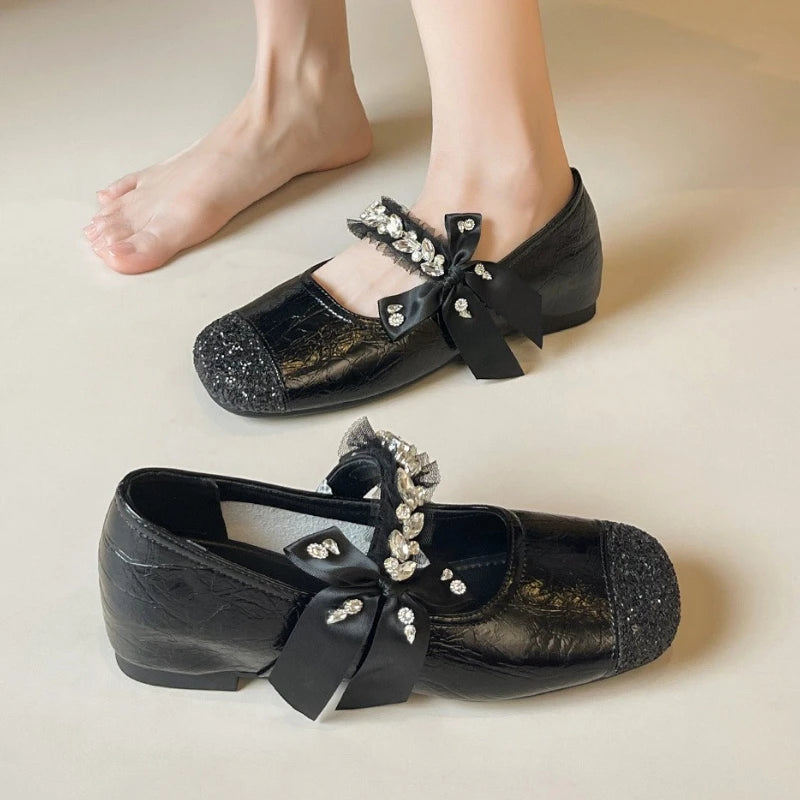 Shining Rhinestone Mary Jane Shoes Women Butterfly-Knot Fashion Shallow Comfort Casual Flats Shoes Elegant Dress Shoes Female