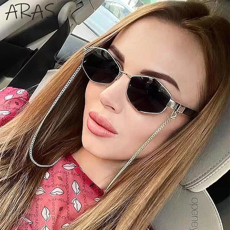 Retro Small Frame Hexagon Sunglasses Women With Chain 2025 Luxury Brand Steampunk Unique Polygon Sun Glasses For Ladies Eyewear