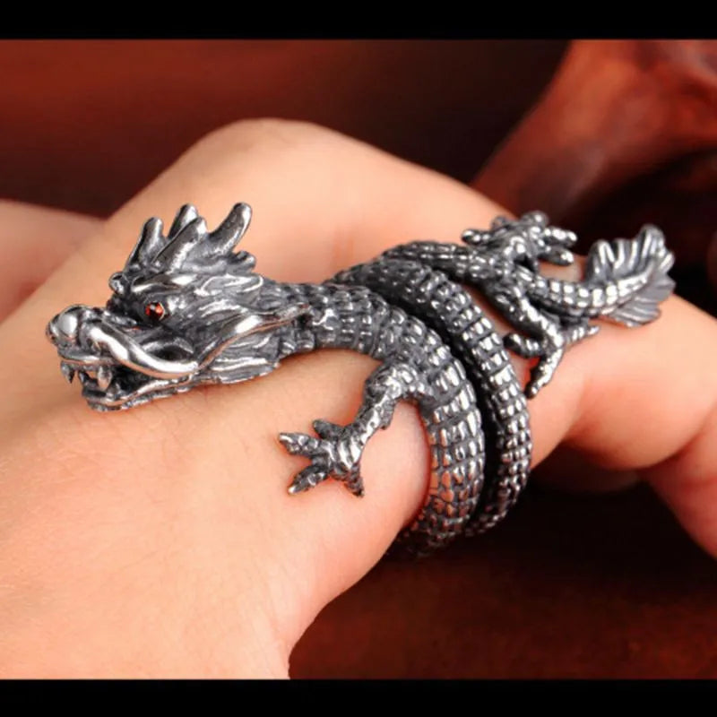 Jisensp Gothic Punk Dragon Ring Men Retro Viking Animal Adjustable Finger Rings for Women Personality Magical Cool Jewelry Gift