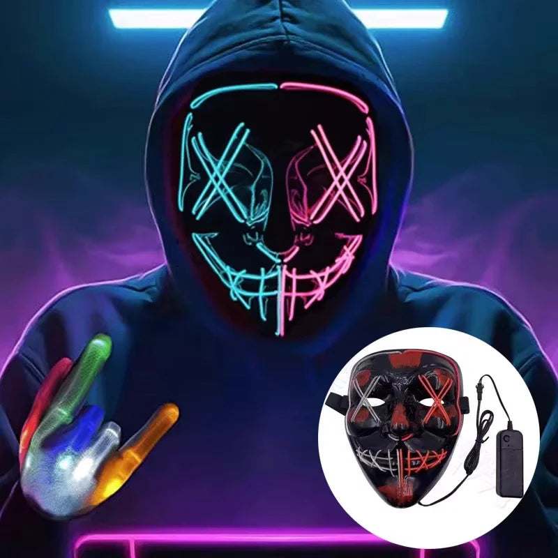 LED Illuminated Black V Shape Mask Haunted House Bar Party Cos Light Up Mask Halloween Party Scary Mask Decor