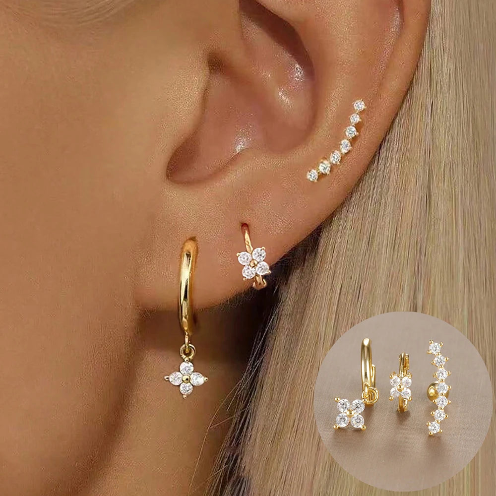 3PCS Stainless Steel Gold Color Crown Stud Earring Set For Women 14K Gold Plated Crystal Zircon Unique Horse Eye Earring Jewelry