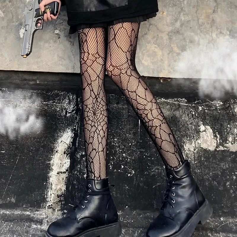 Kawaii Gothic Hollow Out  Lolita Bow Knot Fishnet Stockings Women Spicy Girl Black White Thin Ins Tide Lace Tights