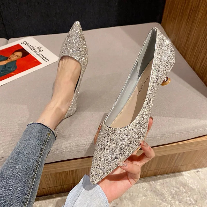 Gold High Heels Women Fashion Design Temperament Pointed Single Shoes Women's New Elegant Mid Heel Shoes Shiny Women's Shoes
