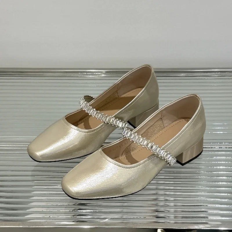 Pu Leather Concise Low Heel Pumps Women Shiny Crystal Soft Sole Non Slip Loafers Summer Light Square Toe Platform Office Shoes
