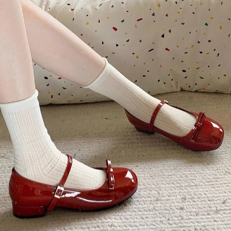 Wine Red Mary Jane Shoes For Women Low Heel  Fashion Butterfly-knot Roud Toe Female Eelgant Dress Leather Shoes