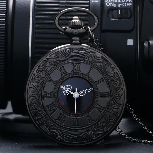 Vintage Charm Black Unisex Fashion Roman Number Quartz Steampunk Pocket Watch Women Man Necklace Pendant with Chain Gifts