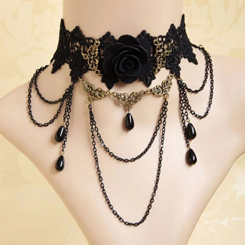 Lady Chokers Leaf Tassel Women Neck Jewelry Accessory Girl Lace Gothic Vintage Sexy Fashion Velvet Rose Beads Flower Necklace