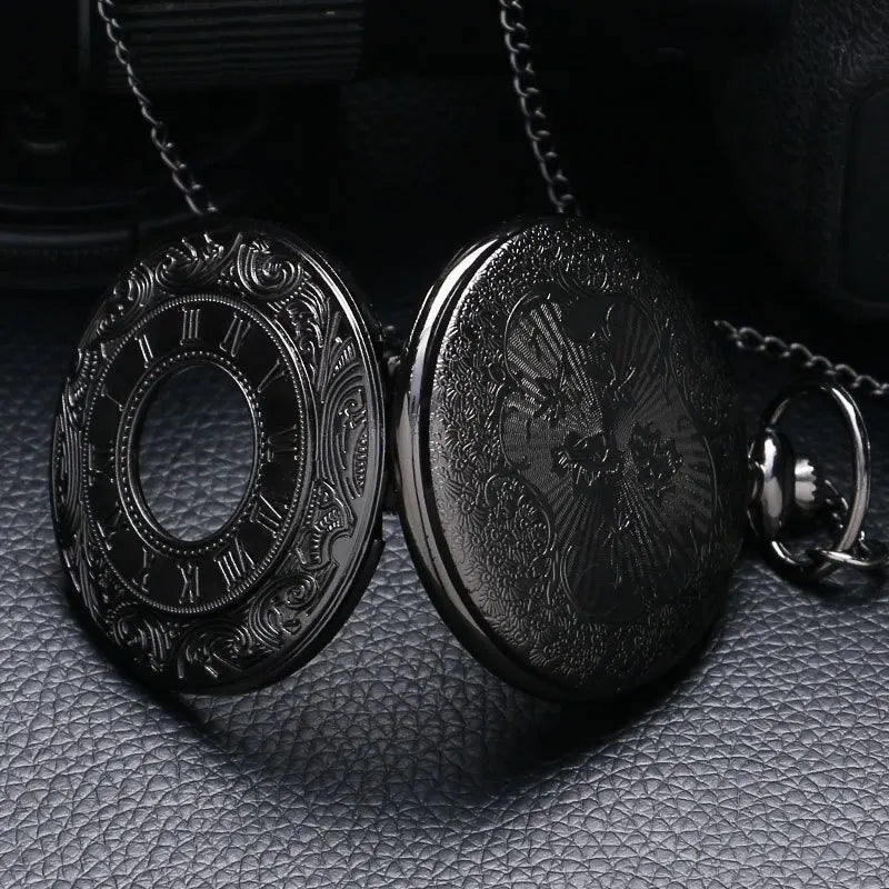Vintage Charm Black Unisex Fashion Roman Number Quartz Steampunk Pocket Watch Women Man Necklace Pendant with Chain Gifts