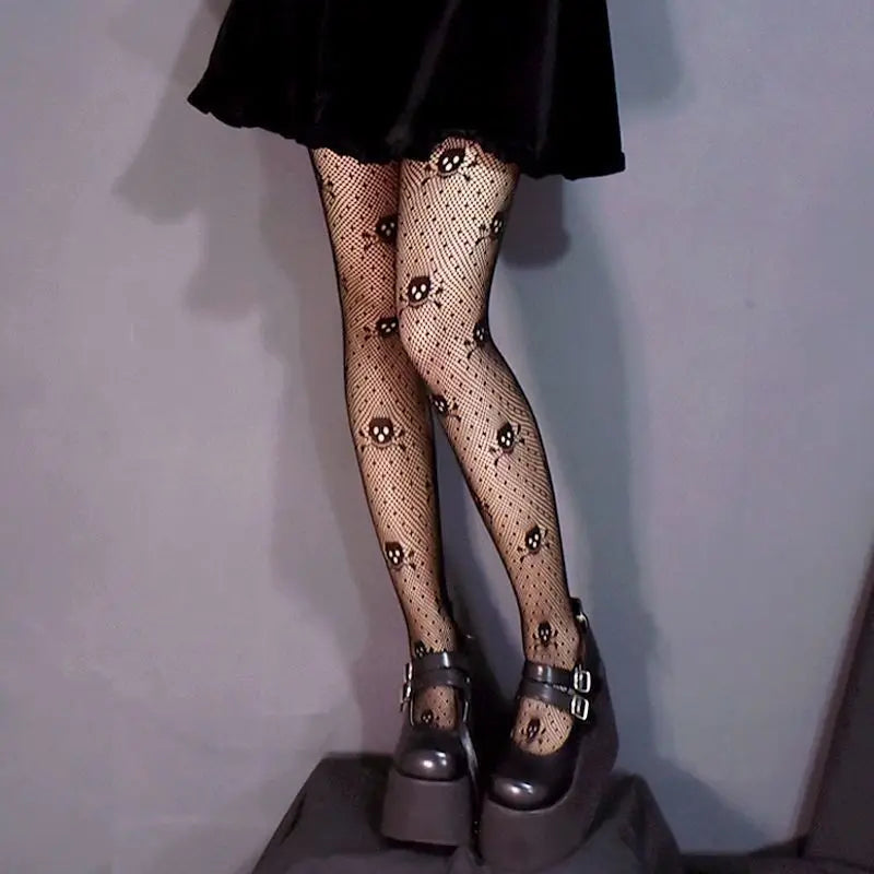Kawaii Gothic Hollow Out  Lolita Bow Knot Fishnet Stockings Women Spicy Girl Black White Thin Ins Tide Lace Tights