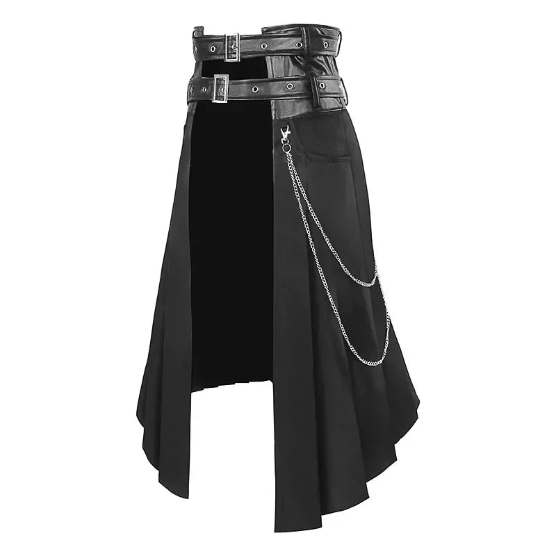 Men Dark Rock Punk Steam Gothic Asymmetrical Pleated Half Skirt