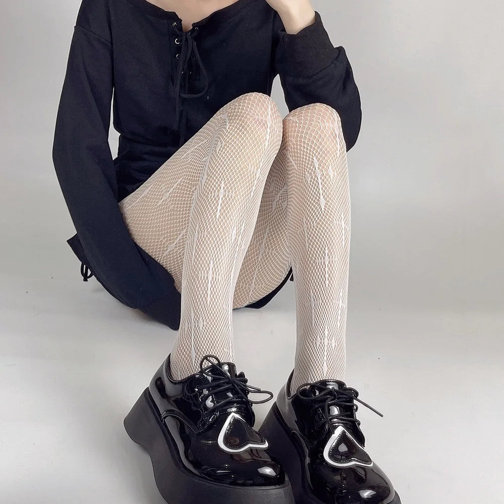 Kawaii Gothic Hollow Out  Lolita Bow Knot Fishnet Stockings Women Spicy Girl Black White Thin Ins Tide Lace Tights