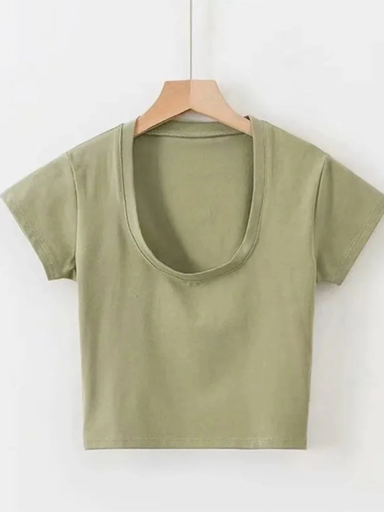 U-Neck Crop Top Solid Color Women Casual High Waist T Shirt Basic Streetwear Short Sleeve Slimming