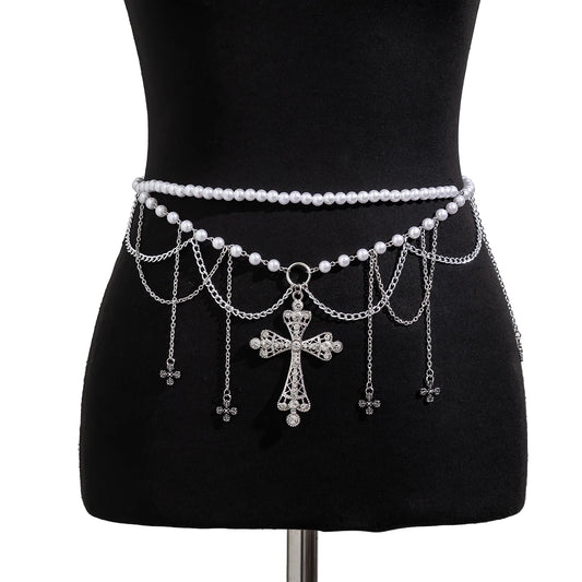 Salircon Steampunk Metal Mesh Tassel Cross Pendant Waist Chain Sexy Gothic Imitation Pearl Body Chain Women's Bar Body Jewelry