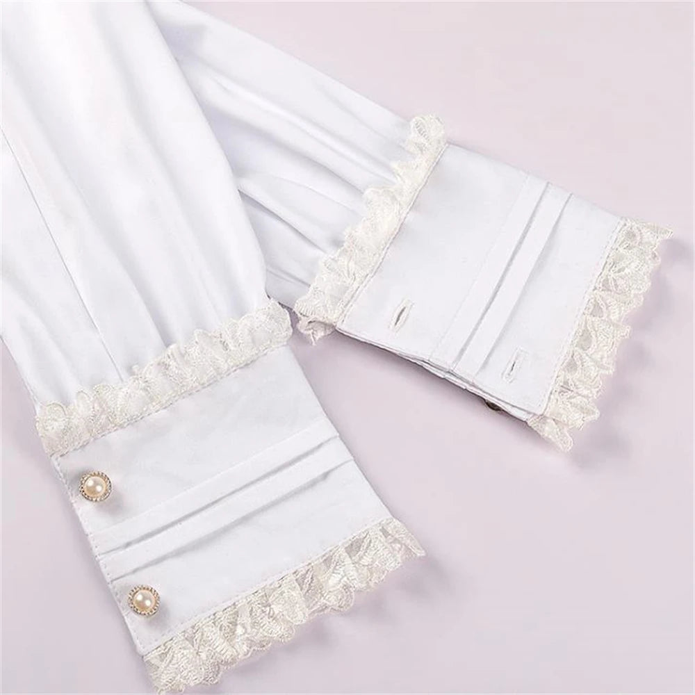 White Bowknot Lace Ruffled Shirt Vintage Vampire Renaissance Victorian Steampunk Gothic Medieval Shirt Halloween Costume