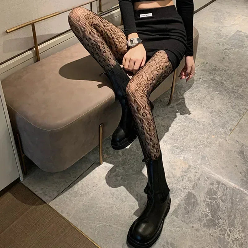 Kawaii Gothic Hollow Out  Lolita Bow Knot Fishnet Stockings Women Spicy Girl Black White Thin Ins Tide Lace Tights