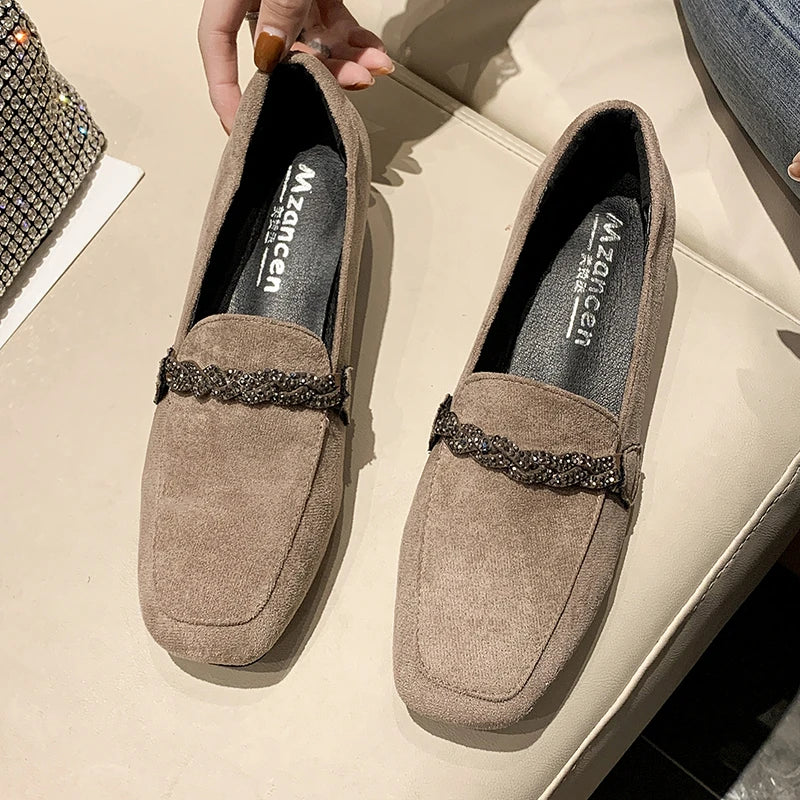 Autumn Winter Women Loafers Low Heels Boat Shoes Square Toe Dress Shoes Chain Faux Suede Ladies Low Heel Shoe