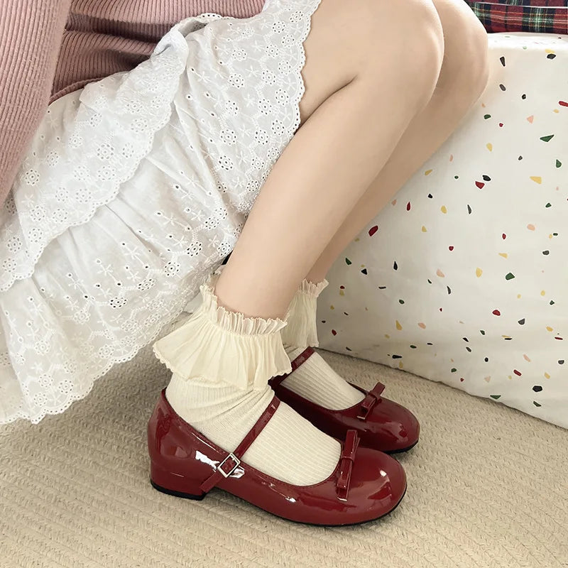 Wine Red Mary Jane Shoes For Women Low Heel  Fashion Butterfly-knot Roud Toe Female Eelgant Dress Leather Shoes