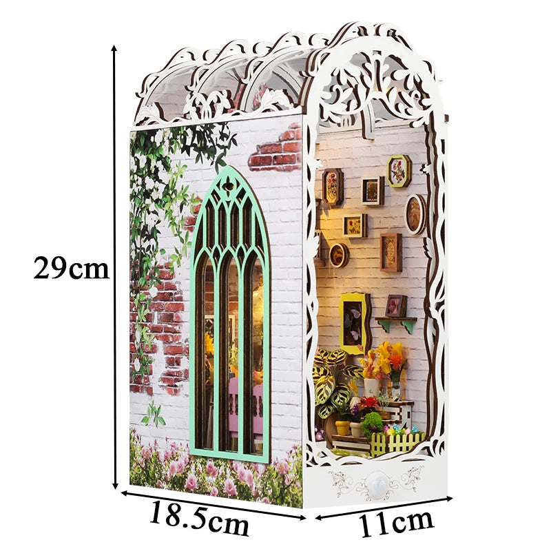 DIY Book Nook Wooden Miniature Model Kit Flower House Bookend Assembled 3D Puzzle Bookshelf Home Decor Friends Birthday Gifts