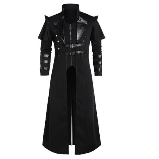 Vintage Medieval Steampunk Assassin Elves Pirate Costume Adult Men Black Long Split Jacket Gothic Armor Leather Coats Halloween