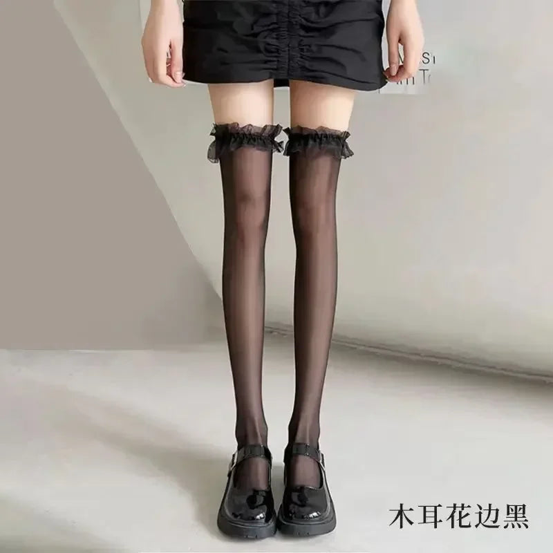 Red Edge New Over The Knee Long Socks Gothic Lace Transparent Thigh High Stockings Women Punk JK Thin Silk Solid Hosiery