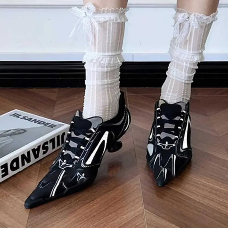 Elegant heel women's shoes Big size 43 Silver sheepskin Mesh Sports dance Training mid heel Fashion Pointed Toe Lace-up Pumps