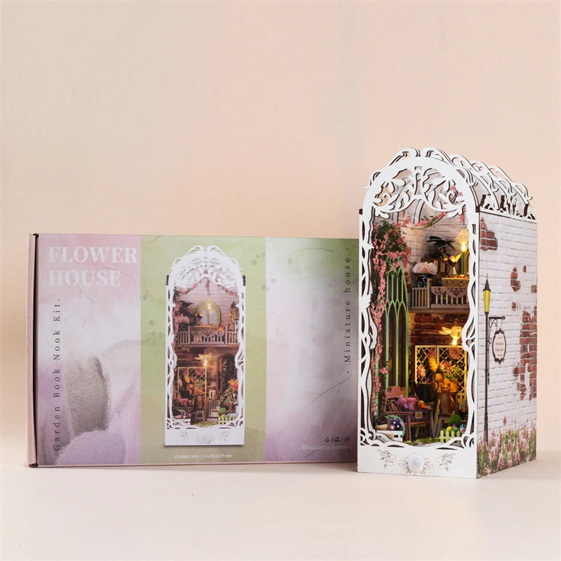 DIY Book Nook Wooden Miniature Model Kit Flower House Bookend Assembled 3D Puzzle Bookshelf Home Decor Friends Birthday Gifts