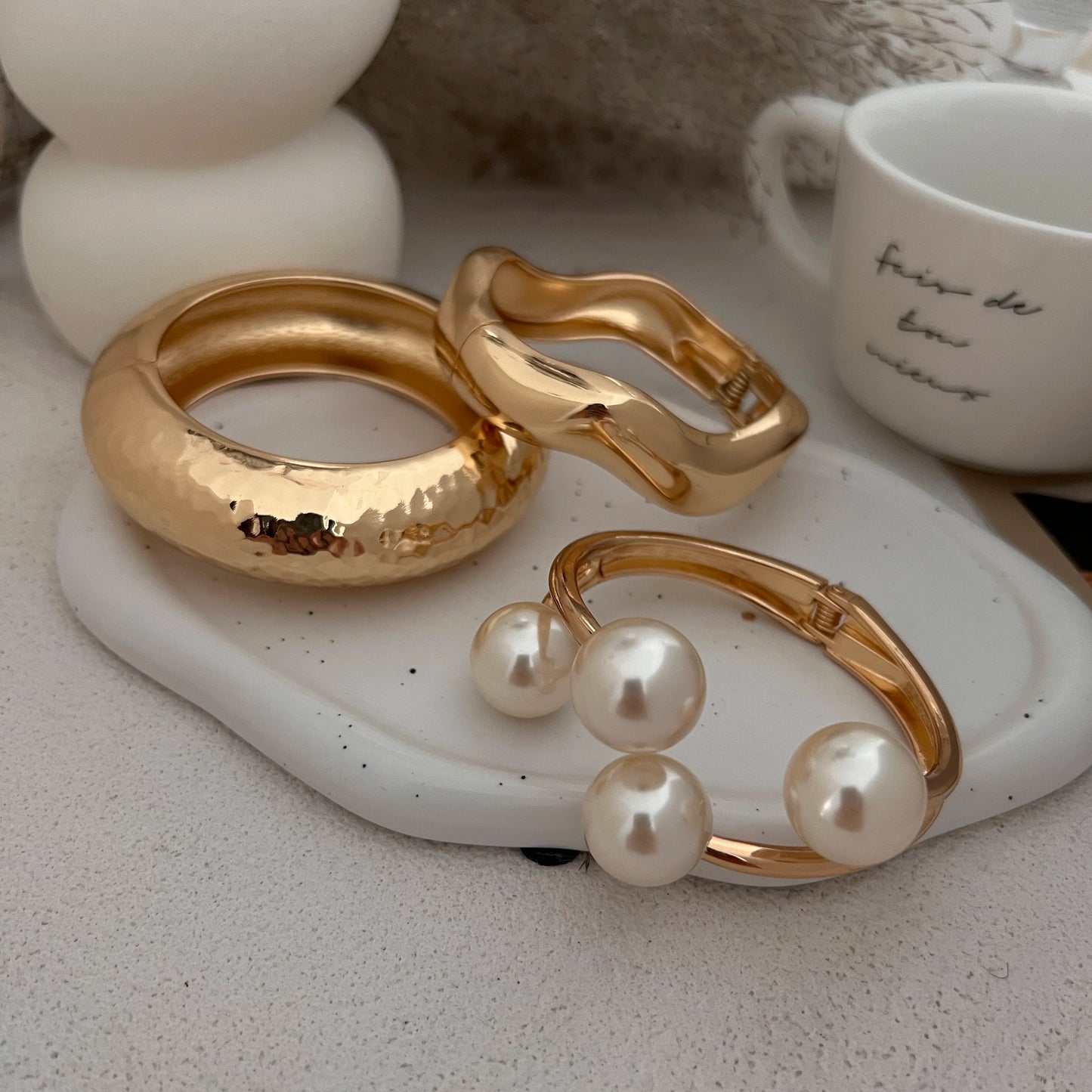 Ingemark 3 Style Creative Big Imitation Pearl Cuff Bracelet Women Trend 2025 Punk Heavy Metal Chunky Spring Bangle Steampunk Men
