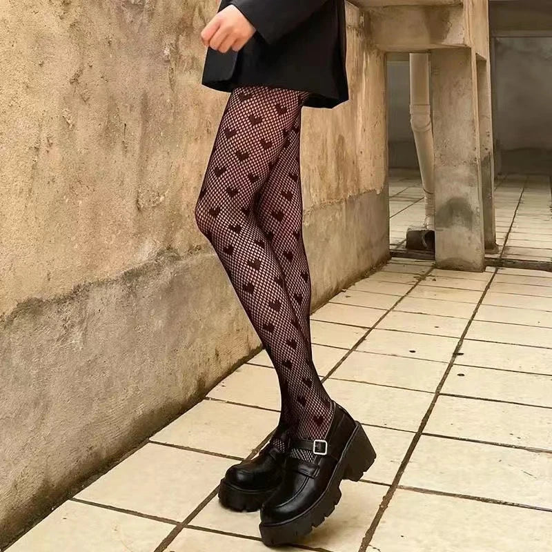 Kawaii Gothic Hollow Out  Lolita Bow Knot Fishnet Stockings Women Spicy Girl Black White Thin Ins Tide Lace Tights