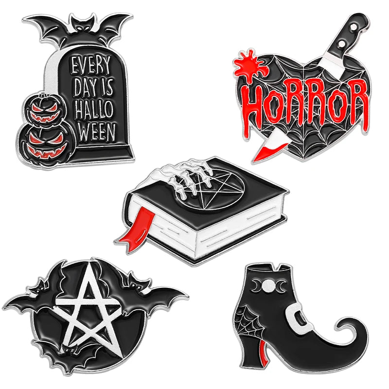 3-6 Pcs/Set Goth Enamel Pin Ghost Black Cat Moth Witch Punk Brooches Horror Snake Badges Lapel Skeleton Jewelry Gifts Halloween