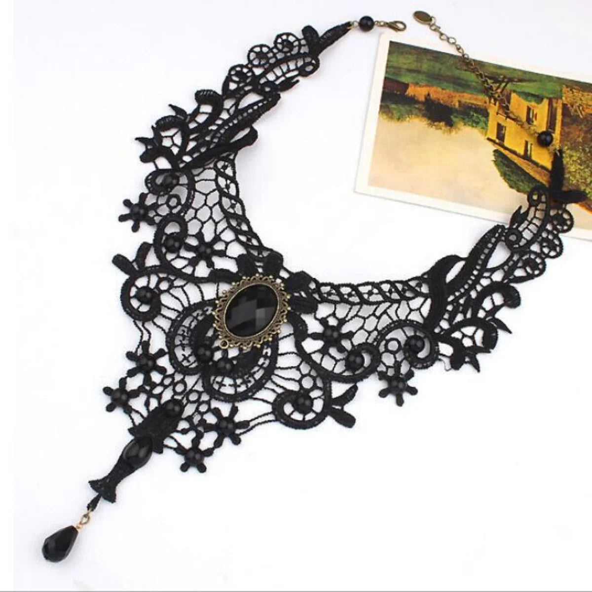Fashion New Vintage Gemstone Black Lace Beads Choker Gothic Steampunk Style Stonego Gothic Collar Necklace ( Pack of 1/2)