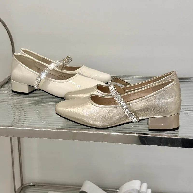 Pu Leather Concise Low Heel Pumps Women Shiny Crystal Soft Sole Non Slip Loafers Summer Light Square Toe Platform Office Shoes