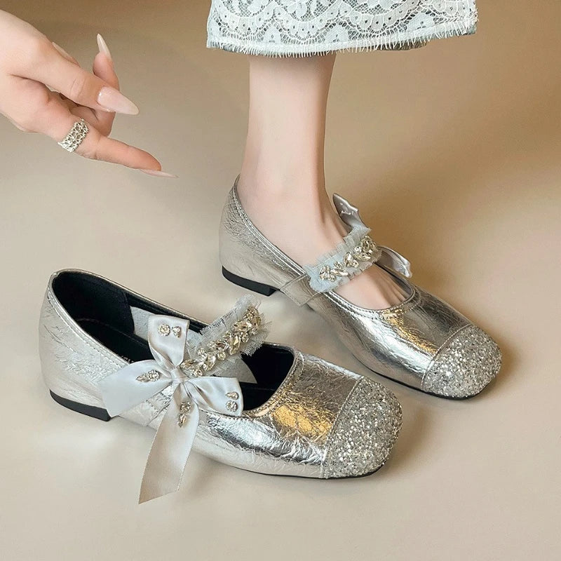 Shining Rhinestone Mary Jane Shoes Women Butterfly-Knot Fashion Shallow Comfort Casual Flats Shoes Elegant Dress Shoes Female