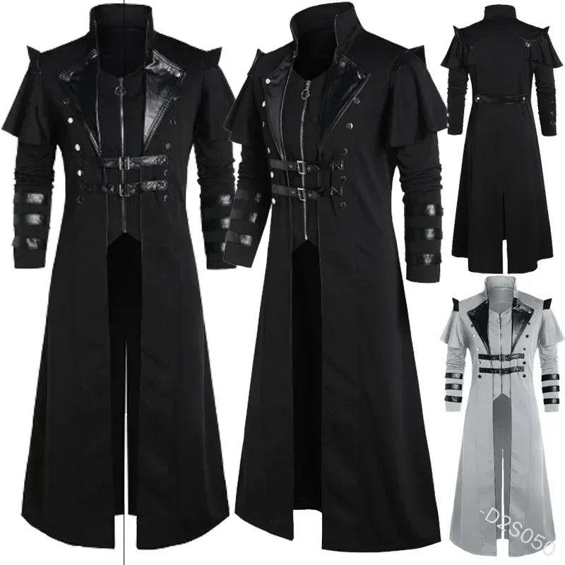 Vintage Medieval Steampunk Assassin Elves Pirate Costume Adult Men Black Long Split Jacket Gothic Armor Leather Coats Halloween