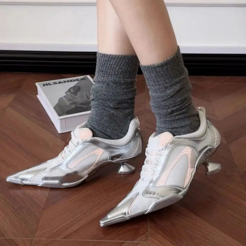 Elegant heel women's shoes Big size 43 Silver sheepskin Mesh Sports dance Training mid heel Fashion Pointed Toe Lace-up Pumps