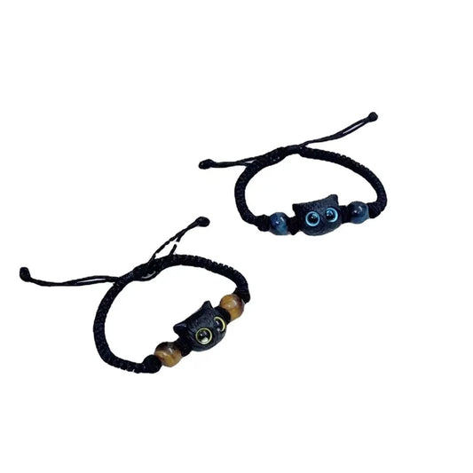 Cute Cat Couple Bracelet Imitation Wood Crystal Braided Children Bracelet Fashion Jewelry Trendy Accessories