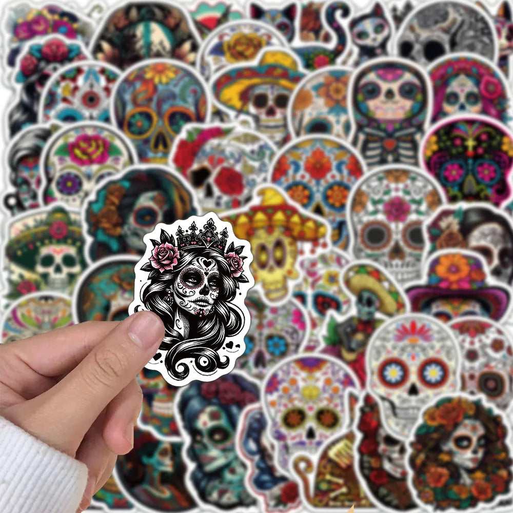 50PCS Cartoon Skull Scary Waterproof Decorative Stickers Day of the Dead Decorative DIY Stickers