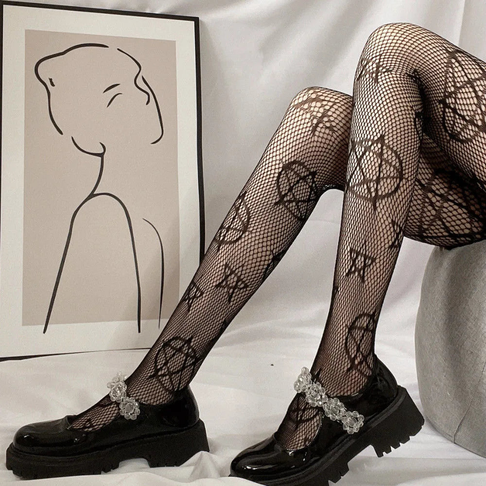 Kawaii Gothic Hollow Out  Lolita Bow Knot Fishnet Stockings Women Spicy Girl Black White Thin Ins Tide Lace Tights