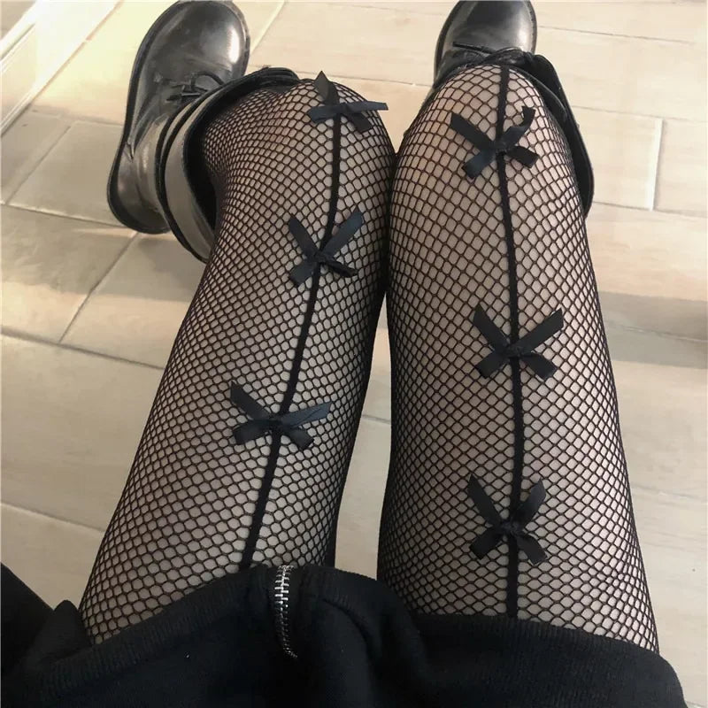 Kawaii Gothic Hollow Out  Lolita Bow Knot Fishnet Stockings Women Spicy Girl Black White Thin Ins Tide Lace Tights