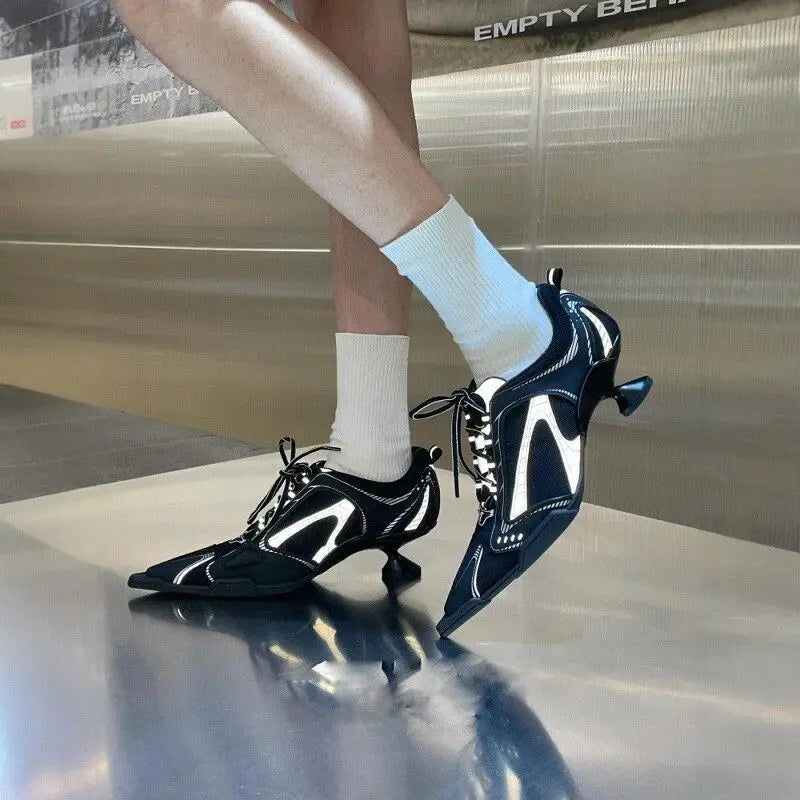 Elegant heel women's shoes Big size 43 Silver sheepskin Mesh Sports dance Training mid heel Fashion Pointed Toe Lace-up Pumps