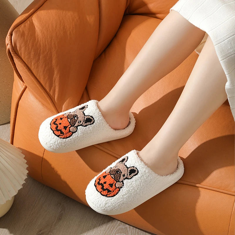 Ghost Pattern Couple Cotton Slippers Round Toe Flat Heel Bedroom Slides Short Plush Soft Non Slip Slippers