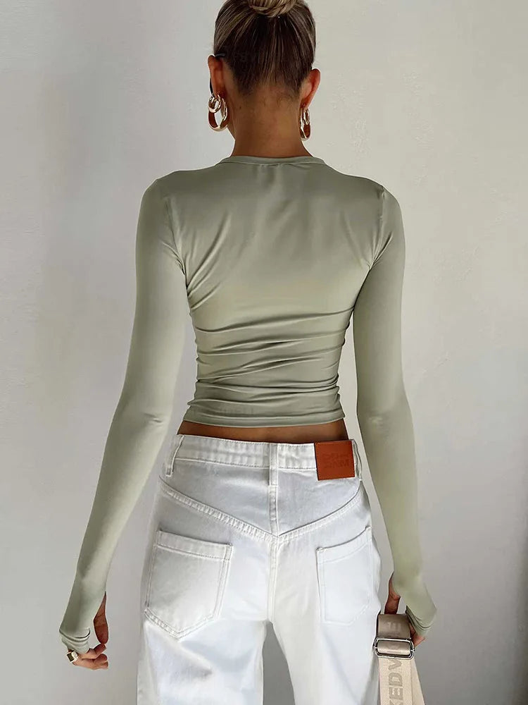 Fashion Women T-shirt Long Sleeve Crew Neck Solid Slim Fit Ladies Crop Top with Thumb Holes for Daily Streetwear Camis