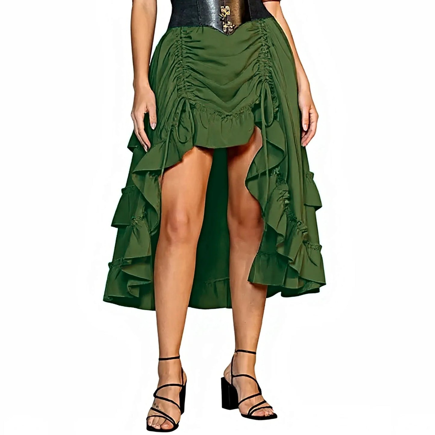 Long Bustle Skirt  Pirate Costume Women Goth Outfit Victorian Steampunk Ruffle Vintage Drawstring Layer High Low Skirt Halloween