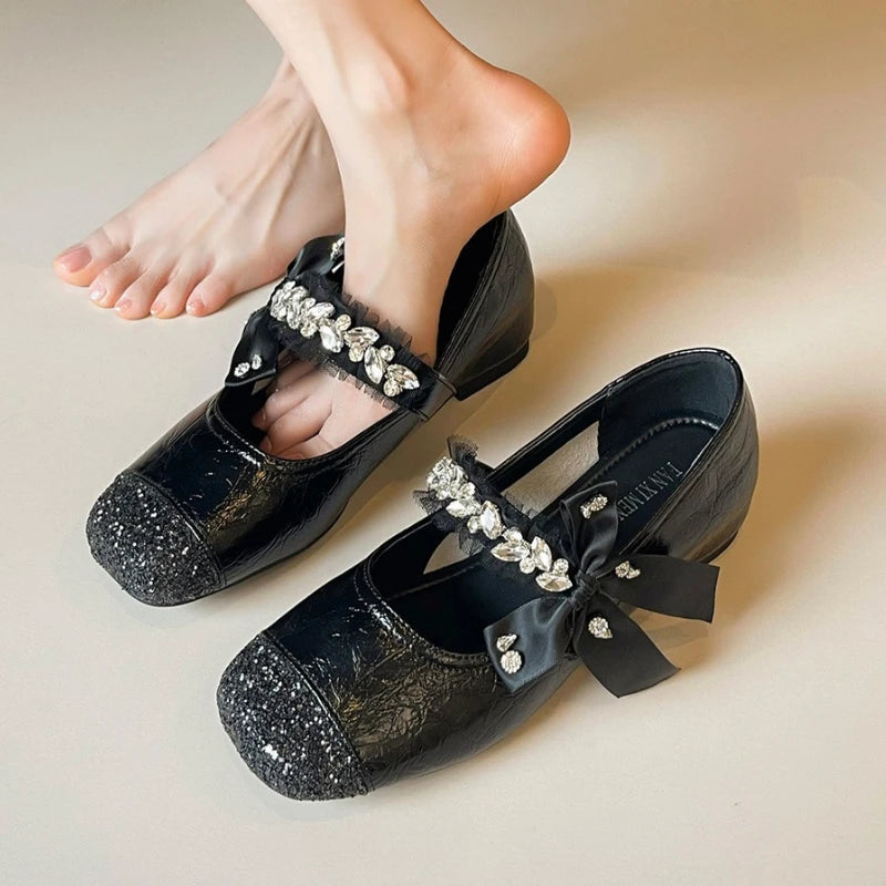 Shining Rhinestone Mary Jane Shoes Women Butterfly-Knot Fashion Shallow Comfort Casual Flats Shoes Elegant Dress Shoes Female