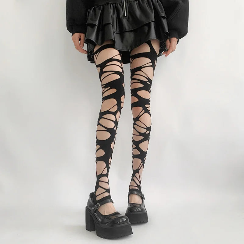 Gothic Punk Style Stockings Hot Girl Subculture Y2K Black Hole Bottoming Sexy Bandage Wrap Stockings Garter Fishnet Pantyhose