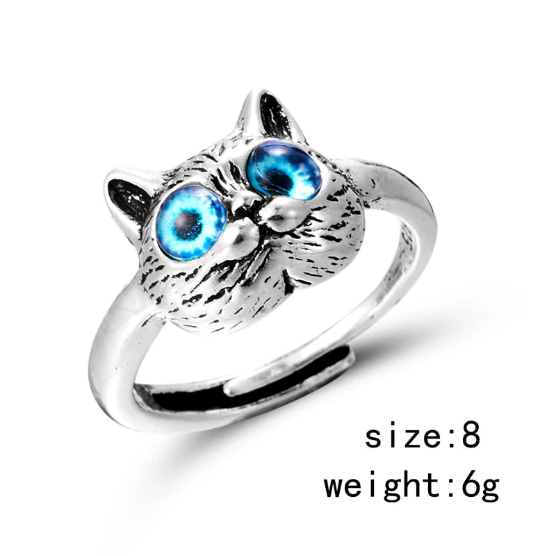 Vintage Cat Face Open Ring for Women Men Gothic Punk Adjustable Finger Knuckle Ring Animal Ring Party Friendship Jewelry Gift