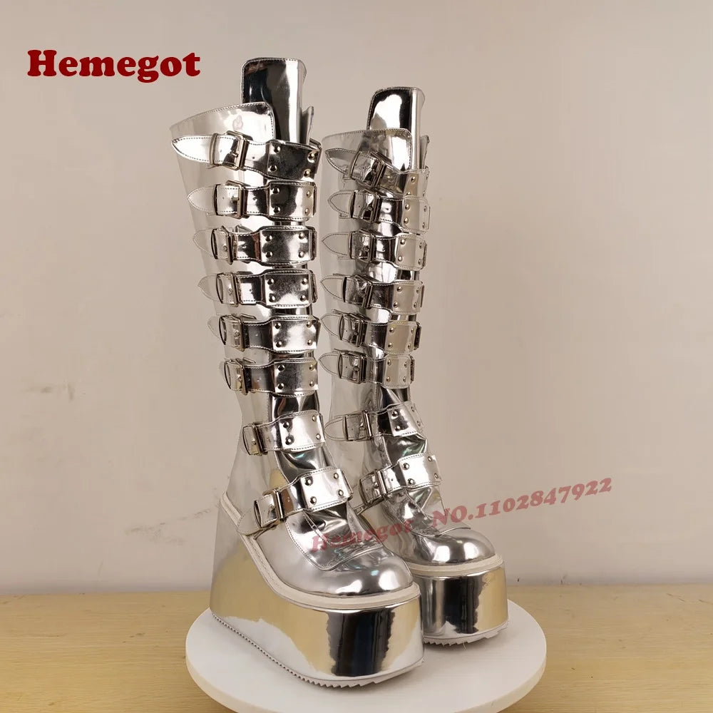 Silver Platform Belt-Buckled Boots Round Toe Wedges Metal Decor Women's Knee High Boots Glossy Gothic Punk Shoes Thick Soled