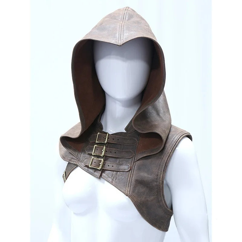 Adjustable Medieval Gothic Cowl Hat Faux Leather Steampunk Hooded Cloak Cape for Men and Women Cosplay Costume Accessory