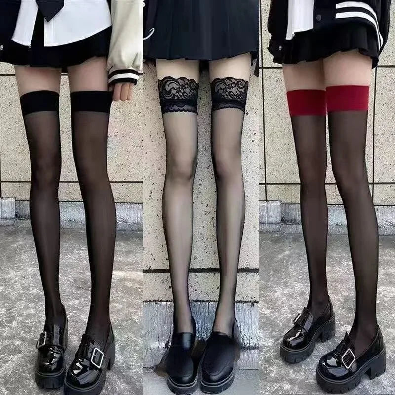 Red Edge New Over The Knee Long Socks Gothic Lace Transparent Thigh High Stockings Women Punk JK Thin Silk Solid Hosiery
