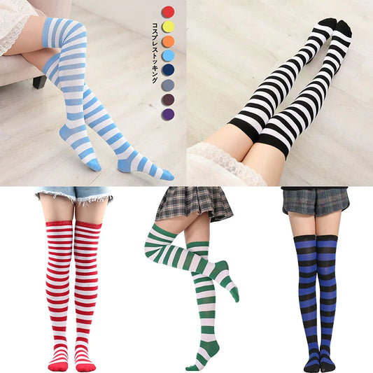 Women Socks Thigh High Overknee Striped Stockings Thin Socks Daily Wearing